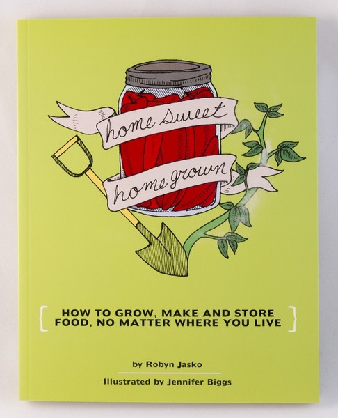 a greenish, yellowish book with illustrations of a red jar, a shovel, and some plants