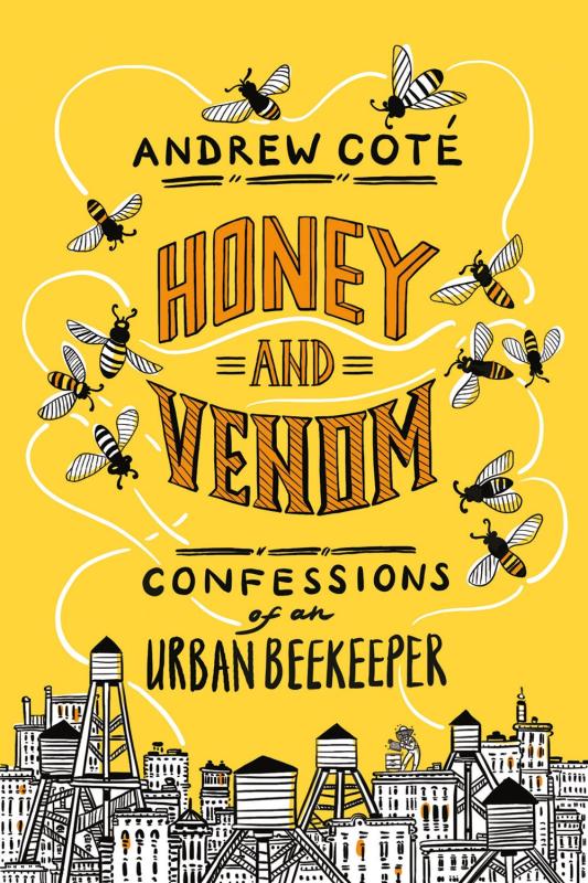 Yellow cover with drawings of bees over urban rooftops.