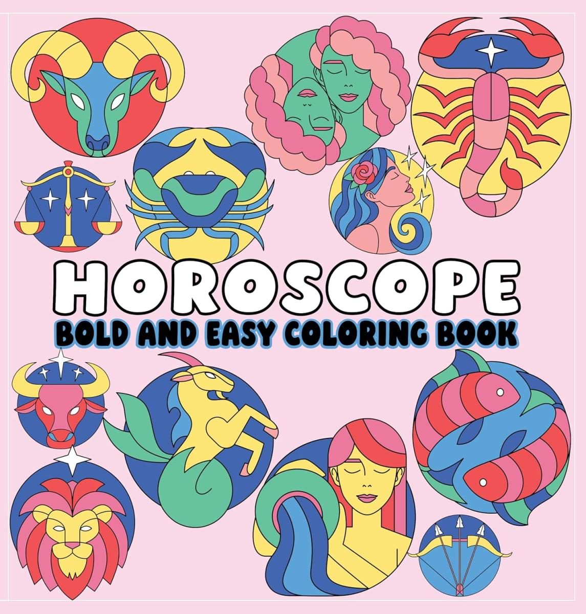 pink cover with bold white and black text and various horoscope symbols 