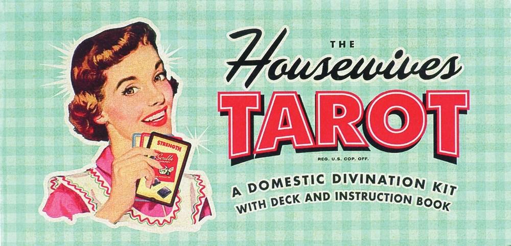 an illustration of a 1950s-esque housewife holding tarot cards