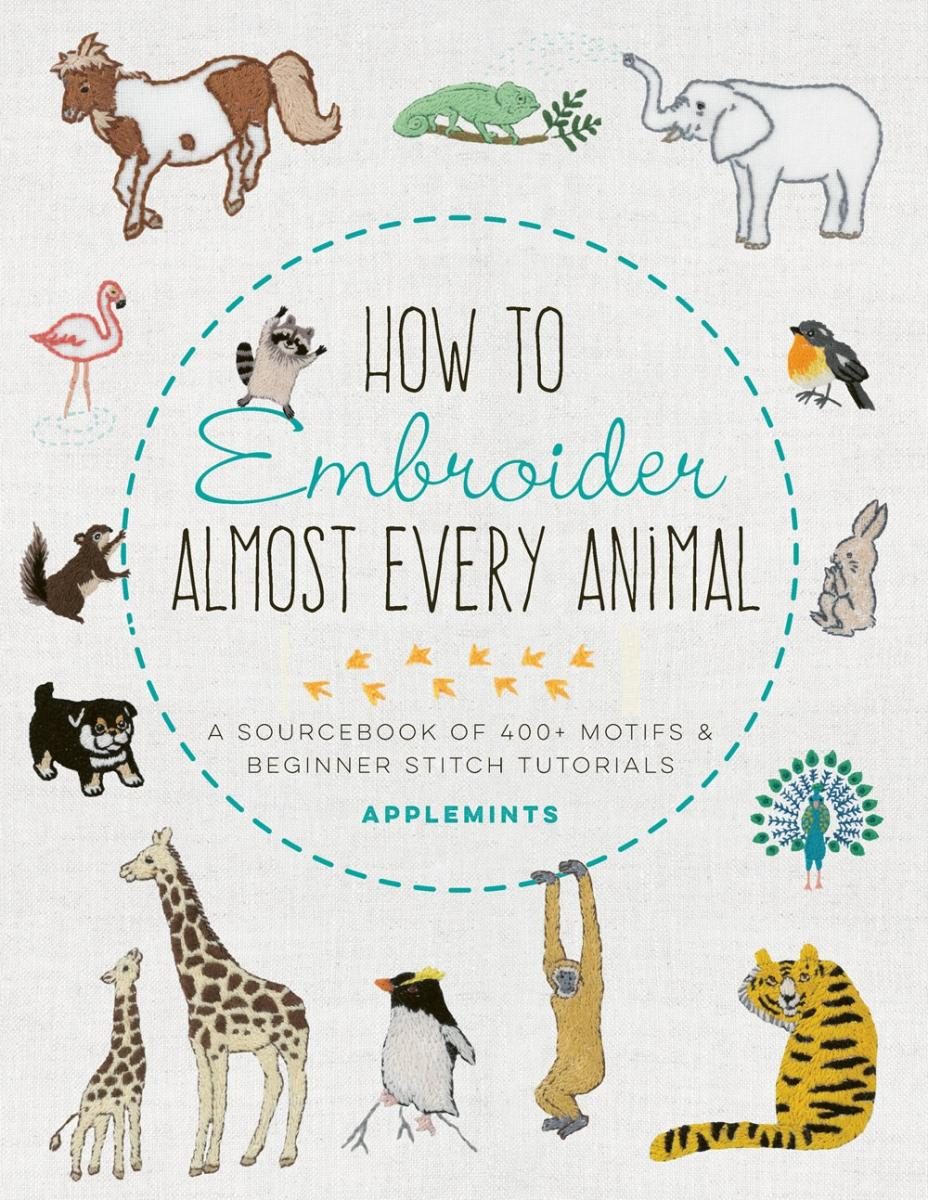 white cover with collage of various animals made from thread