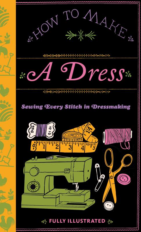 Black book cover with organe spine, featuring colorful illustrations of sewing tools and implements.