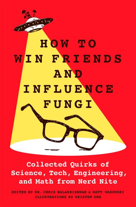 red cover with yellow spot light coming from ufo with black eye glasses with black text