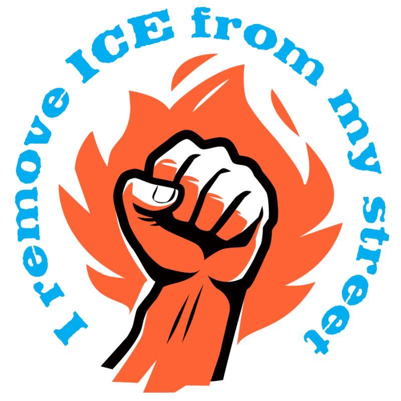 A raised fist surrounded by orange flames, encircled by blue text.