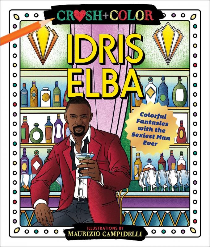 an illustrated Idris Elba holding a martini and leaning against a bar
