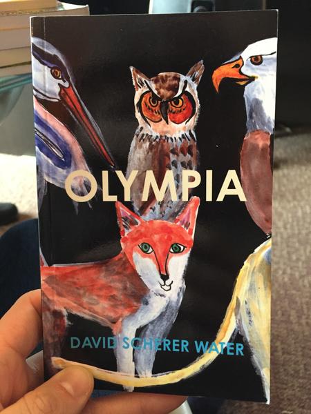Olympia by David Sherer Water (The black background is covered with paintings of an owl, a fox, a heron, a bald eagle, and the hind end of what appears to be a cougar)