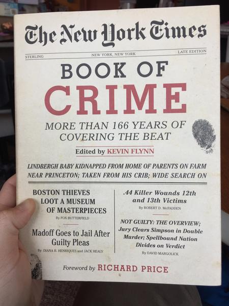 A newspaper colored book cover that looks like the front page of the New York Times. There is a thumb print and several headlines about crime