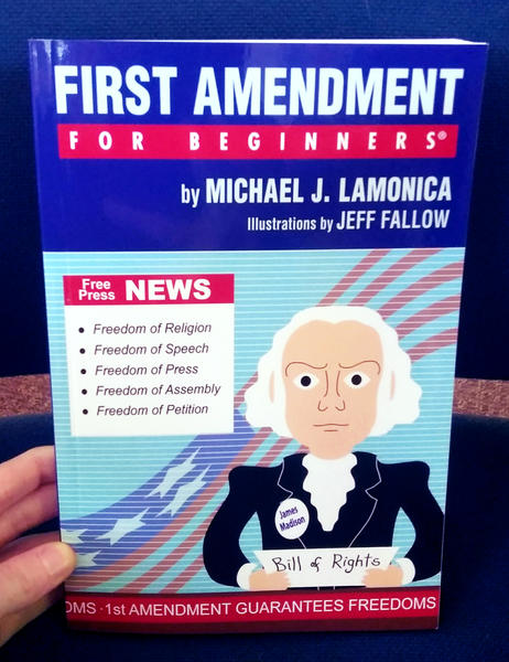 Book cover depicting James Madison holding a bill of rights in front of a blue background