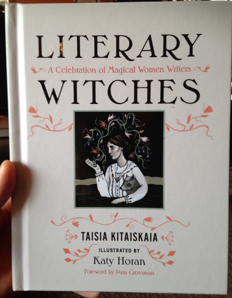 Cover of Literary Witches, which features a drawing of a woman with a dog tucked under one arm and a vase in the other hand. There's a long vine growing rapidly from the vase as she looks at it