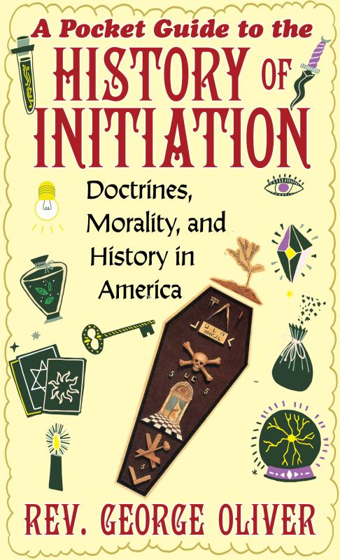 Cream colored background with red text and illustrations of occult symbols and tools like a key, crystal ball, and coffin.