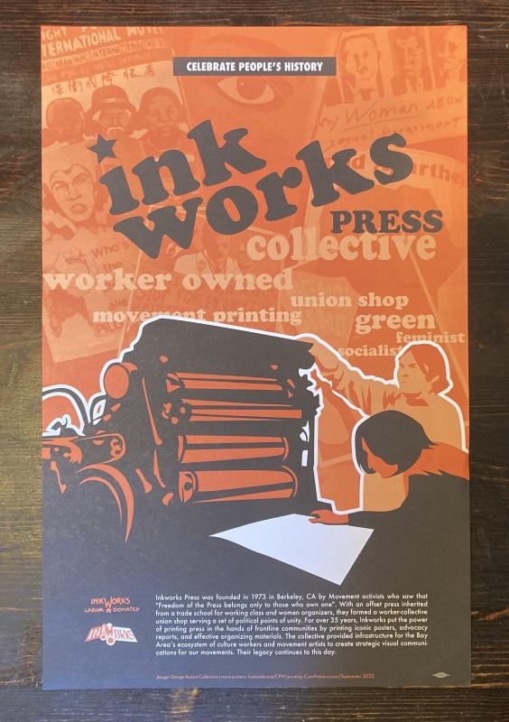 an illustrated printing press with two figures tending to it and various phrases printed in the background against an orange backdrop