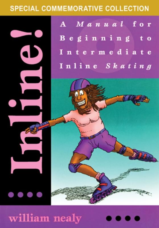 Blocked sections of text with the right-middle block holding an image of a smiling person, arms-spread, using inline skates