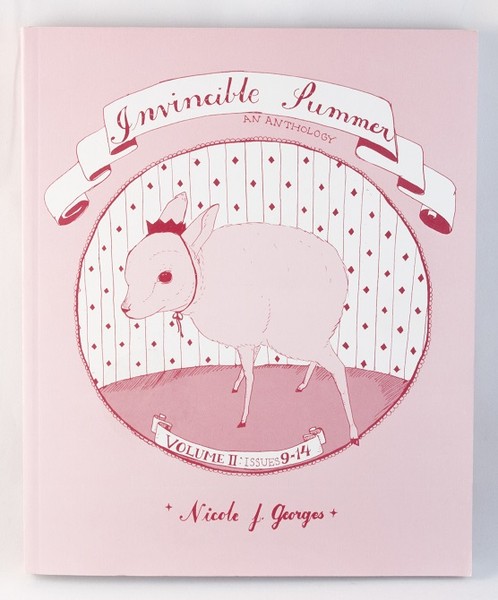 A pink book with a drawing of a young lamb