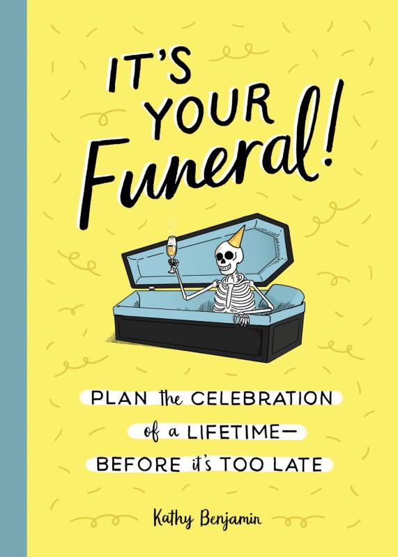 Lively cover with a skeleton in a casket, raising a glass and wearing a party hat