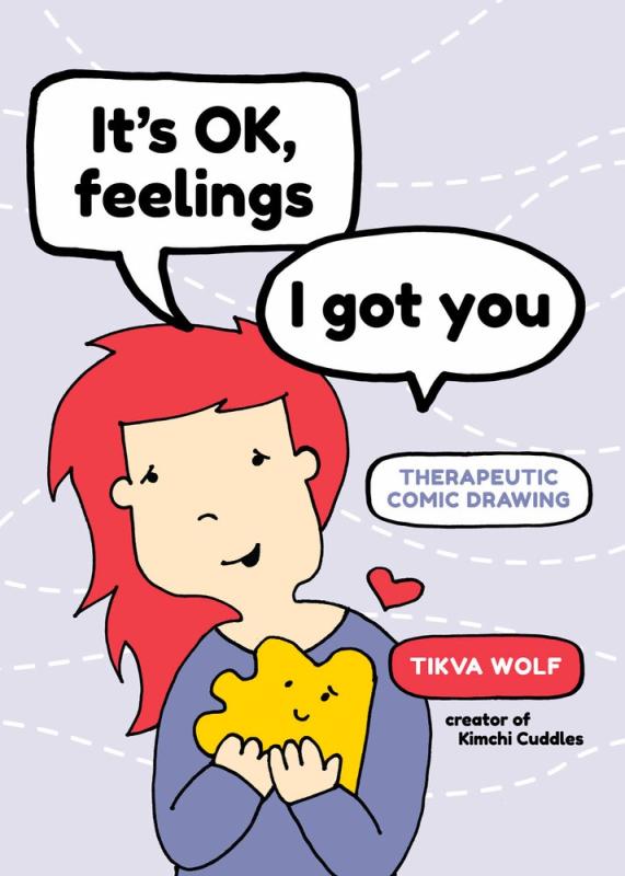 a cartoon character with red hair and a heart over her left shoulder holds a yellow blob with a face and title text in a speech bubble
