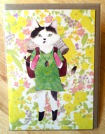 Furcoats and Backpacks greeting card (Jackie—tie-dye shirt and bird cage)