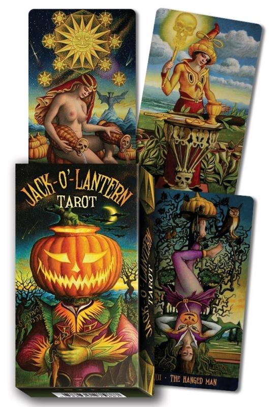 three tarot cards and a deck box with figures illustrated in a somewhat traditional style but with jack-o'-lanterns everywhere
