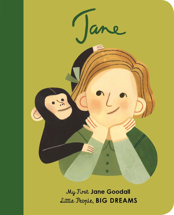 an illustration of jane goodall with a chimpanzee on her shoulder