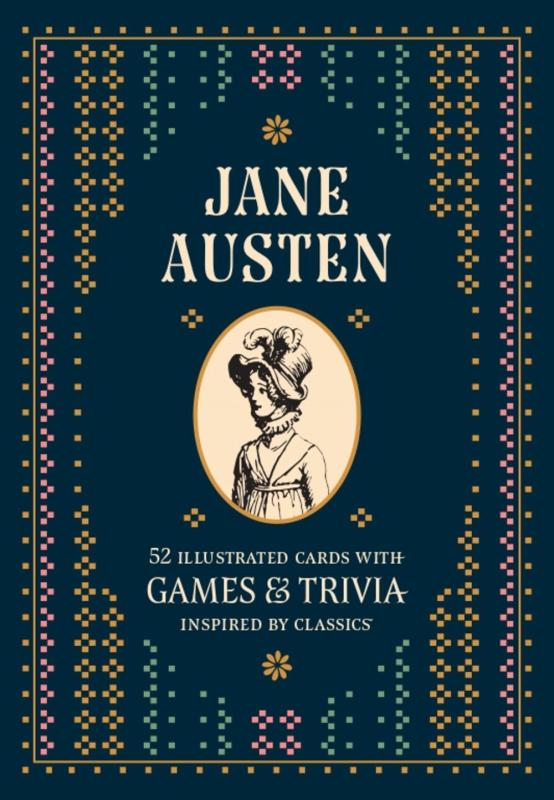 blue cover with floral motif with illustration of jane austen with white text