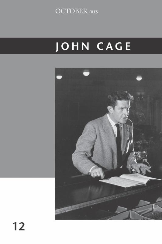 Black and white photo of John Cage over a grey and white background with a black banner containing the info text
