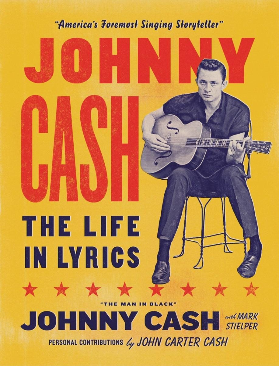 yellow cover with bold orange text and smaller black text with black and white illustration of johnny cash