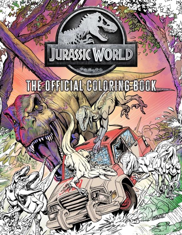 half colored in illustration of dinosaurs attacking a jeep