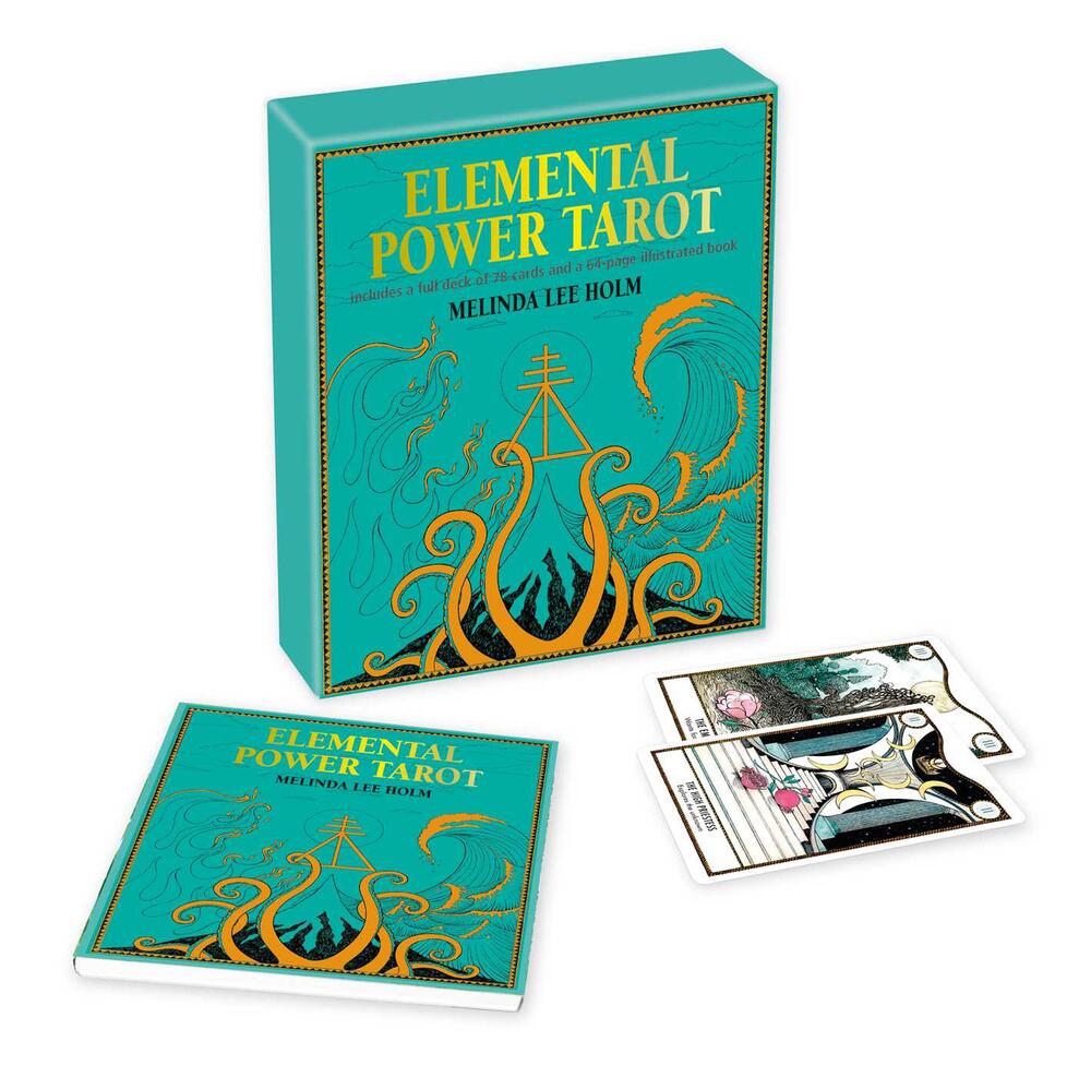product box, guidebook, and two tarot cards, merchandising arrangement. 
