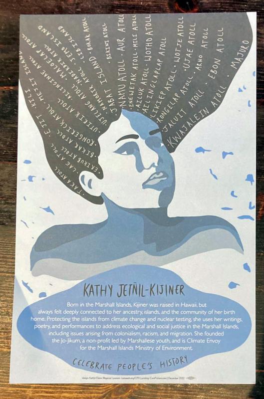 an illustration of a woman with her hair flowing upwards above her head with words printed all over it