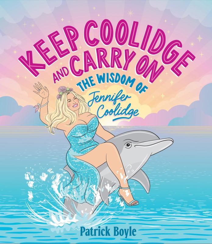 Illustration of a smiling Jennifer Coolidge riding a dolphin, with a sunset and clouds in the background