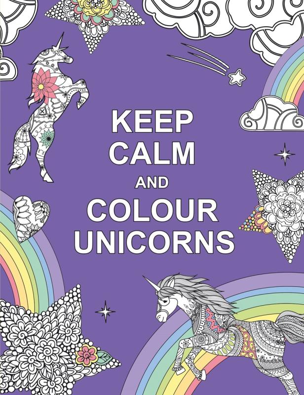 Purple cover with white text, adorning with rainbows, stars and flying unicorns.