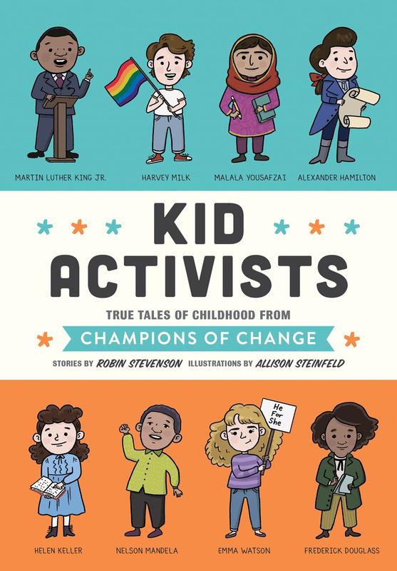 a variety of iconic activists drawn as children