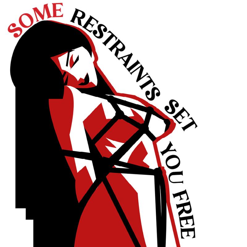 Illustration of a nude femme figure from the waist up, tied in shibari rope.