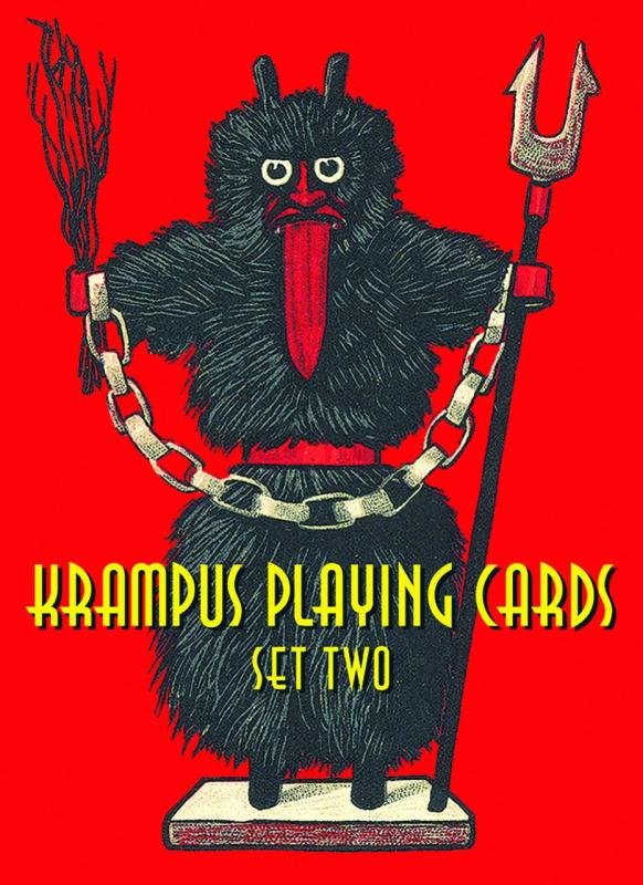 an illustration of a krampus figurine with his hands chained together and a spear in one hand and a bundle of sticks in the other