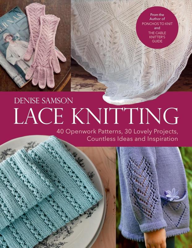 collage of knitted lace with pink banner and white text