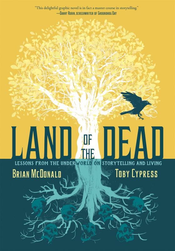Top half of the cover is yellow with a flourishing tree, and bottom half is teal with a reflection of the same tree that is wilted with skulls. A raven flies over the teal title.