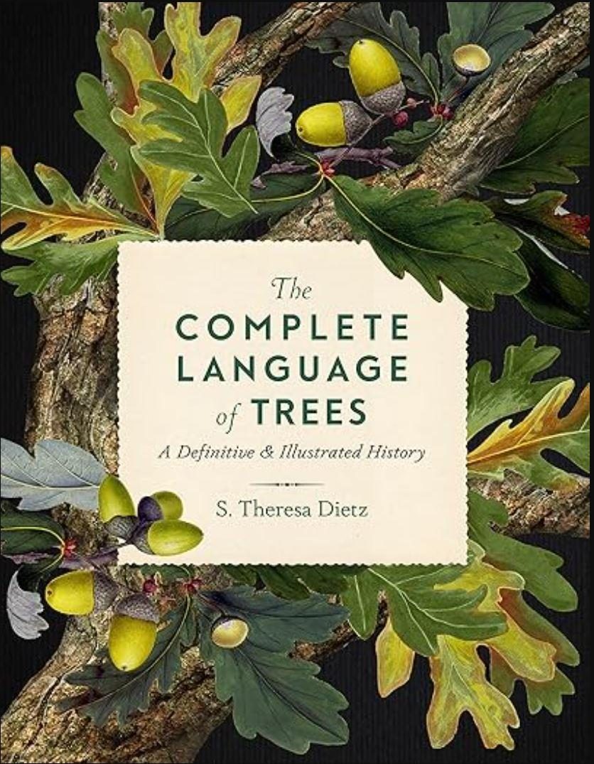 black cover with illustration of tree leaves and beige box banner with green text