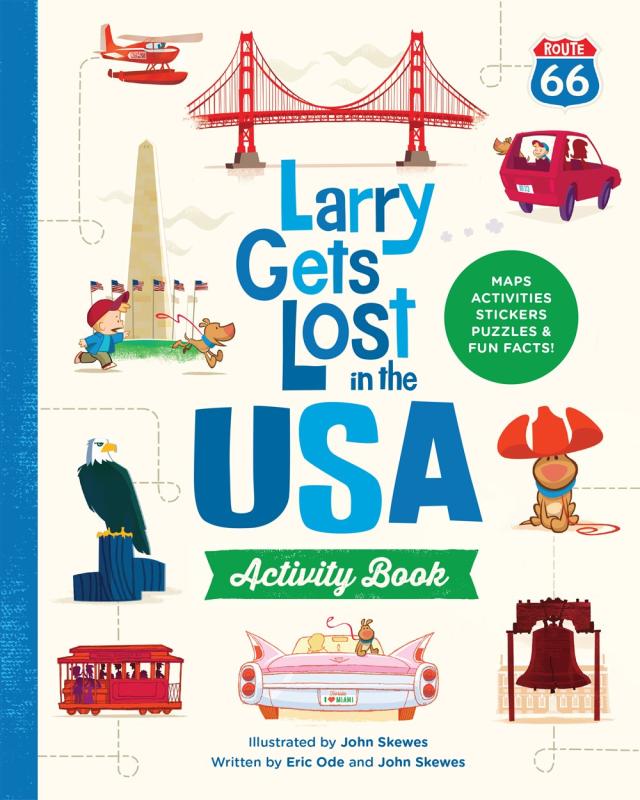 cream cover with blue spine with collage of various landmarks in usa
