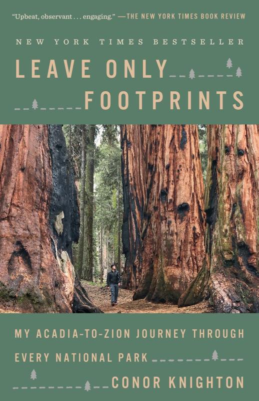 Triptych cover layout, with a central photo banner of a person walking through redwood trees, header and footer of block green. Title, subtitle, and additional info are non serifed with tiny tree motifs filling the blank space in between