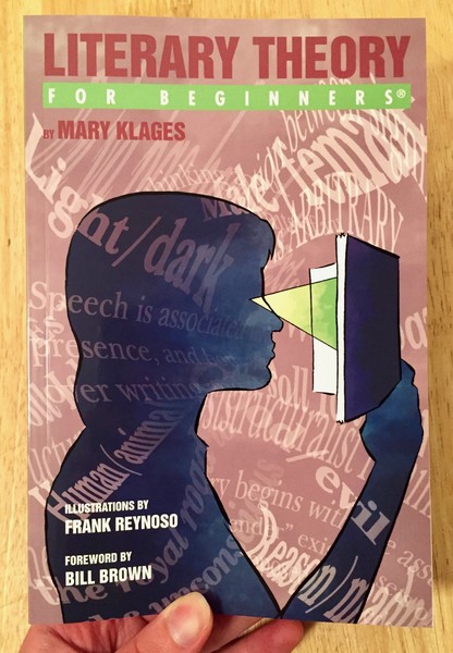 book cover depicting an outline of a person staring into a book with random words behind her