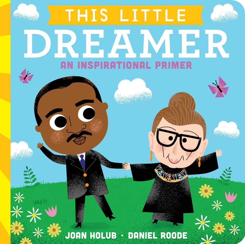 Cartoon Martin Luther King and Ruth Bader Ginsburg hold hands in a green field with flowers and a blue sky with clouds