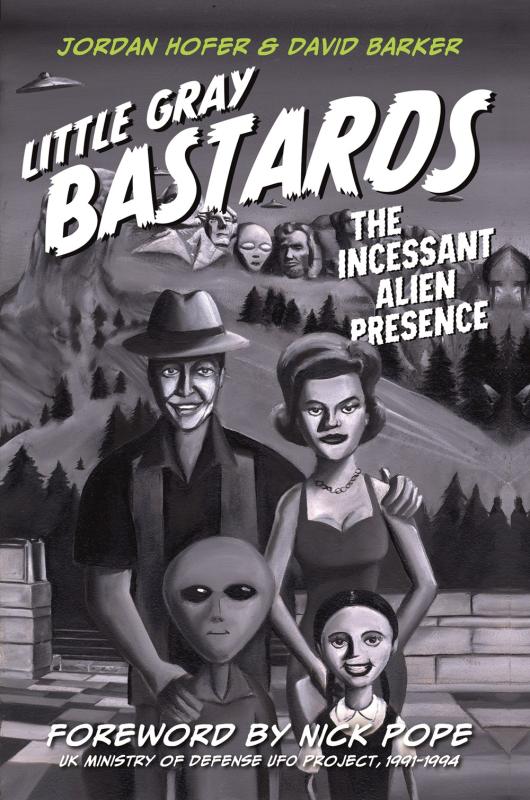 an illustration of a family with one alien child standing in front of Mount Rushmore, with one alien face on the mountain and a UFO in the air