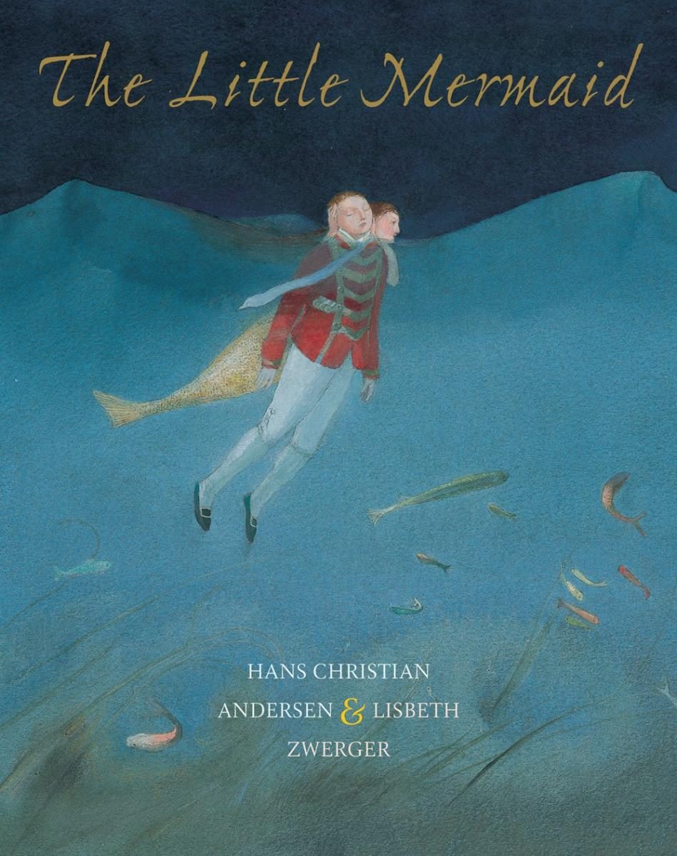 watercolor illustration of two people in the water with gold text