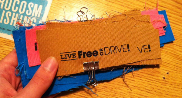 canvas patch with "live free or drive" text