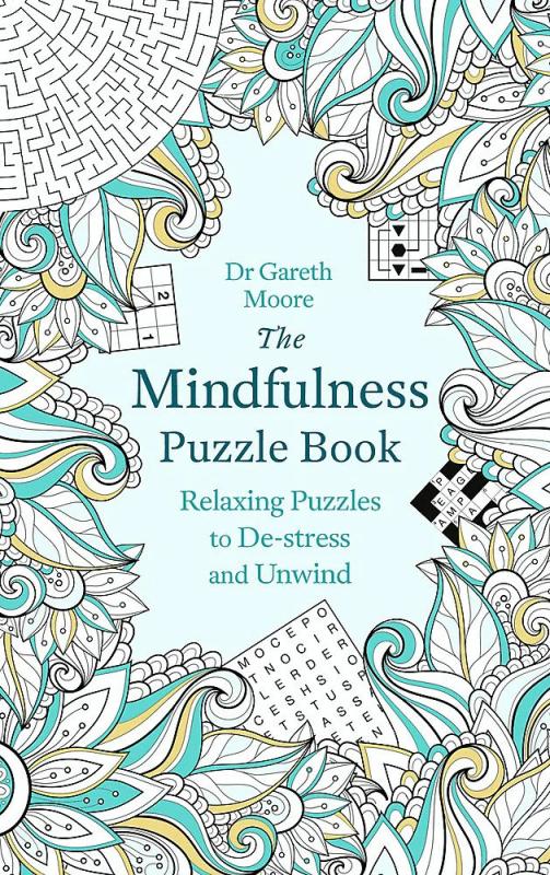 A light blue cover with drawings of puzzles and mazes