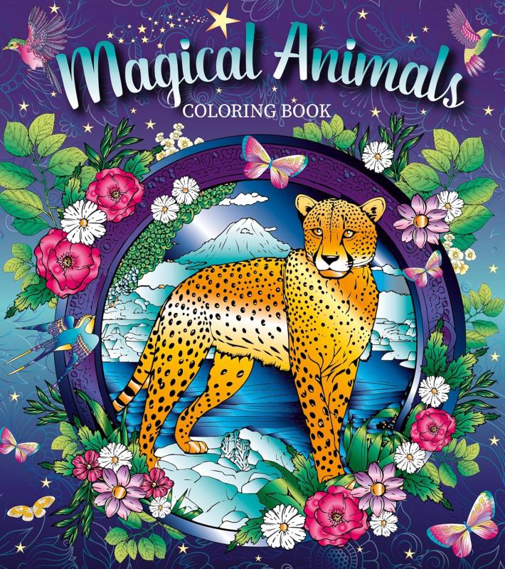colorful illustration of a wild cat with flowers and butterflies