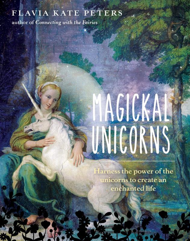 A nimbused woman hugs a unicorn in a forest.