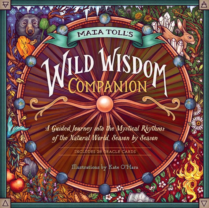 a circle with lines emanating from it, as though a compass, set in the middle of the cover with busy and varied illustrations around the edges including a bear, fire, a rabbit, some crystals and more  
