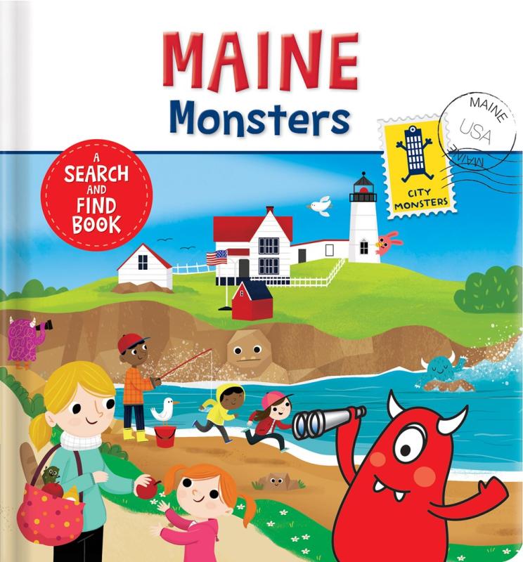 illustration of people walking near a lighthouse with monsters hiding in near the ocean