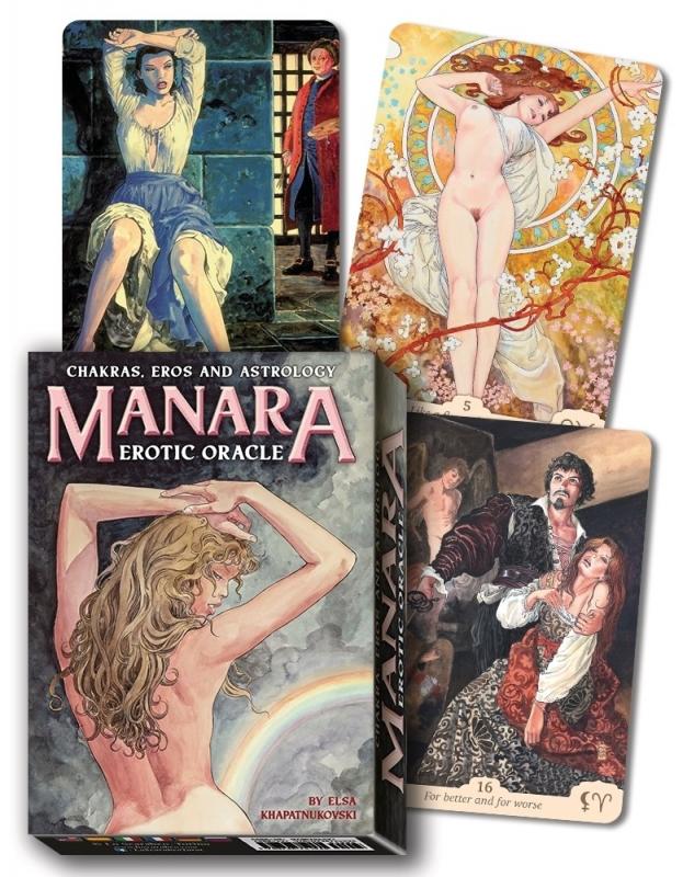 a naked woman with her back to the viewer on the cover of the deck box, and three cards depicting erotic scenes
