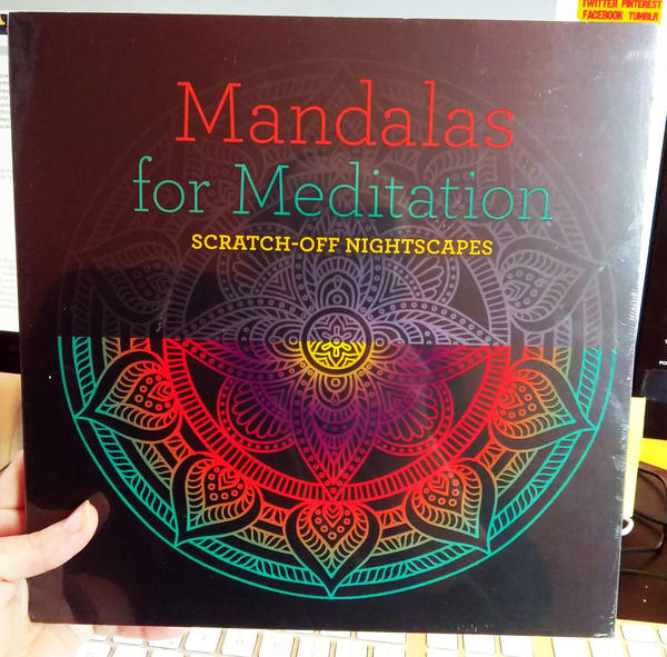 Mandalas For Meditation: Scratch-off Nightscapes  (a black background with red, blue, and yellow lettering, a mandala is on the cover as well, half colorful, half dull)